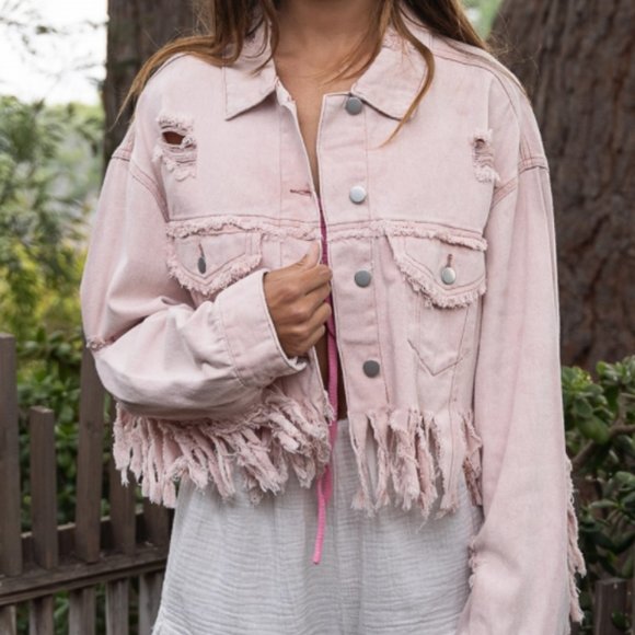 Distressed Fringe Oversized Denim Jacket – powder, pink - Picture 3 of 9